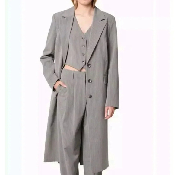 New WAYF Women's Gray Polyester Pinstripe Collared Icon Long Coat Size XL - Picture 1 of 12